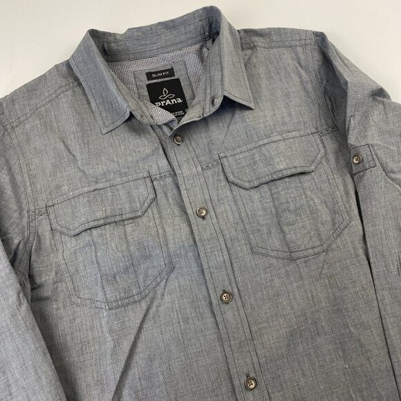 PrAna Slim Fit Shirt Men’s M Button Up Gray Roll Tab Long Sleeve Hike Outdoors - Picture 1 of 12